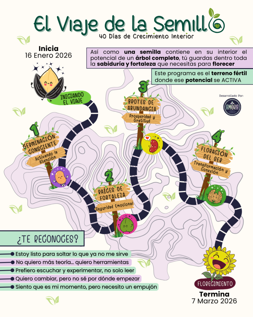 El Viaje de la Semilla - Programa premium de 40 días para transformación emocional profunda y crecimiento interior con Andrea Mora. Incluye kit físico y encuentros vivenciales.