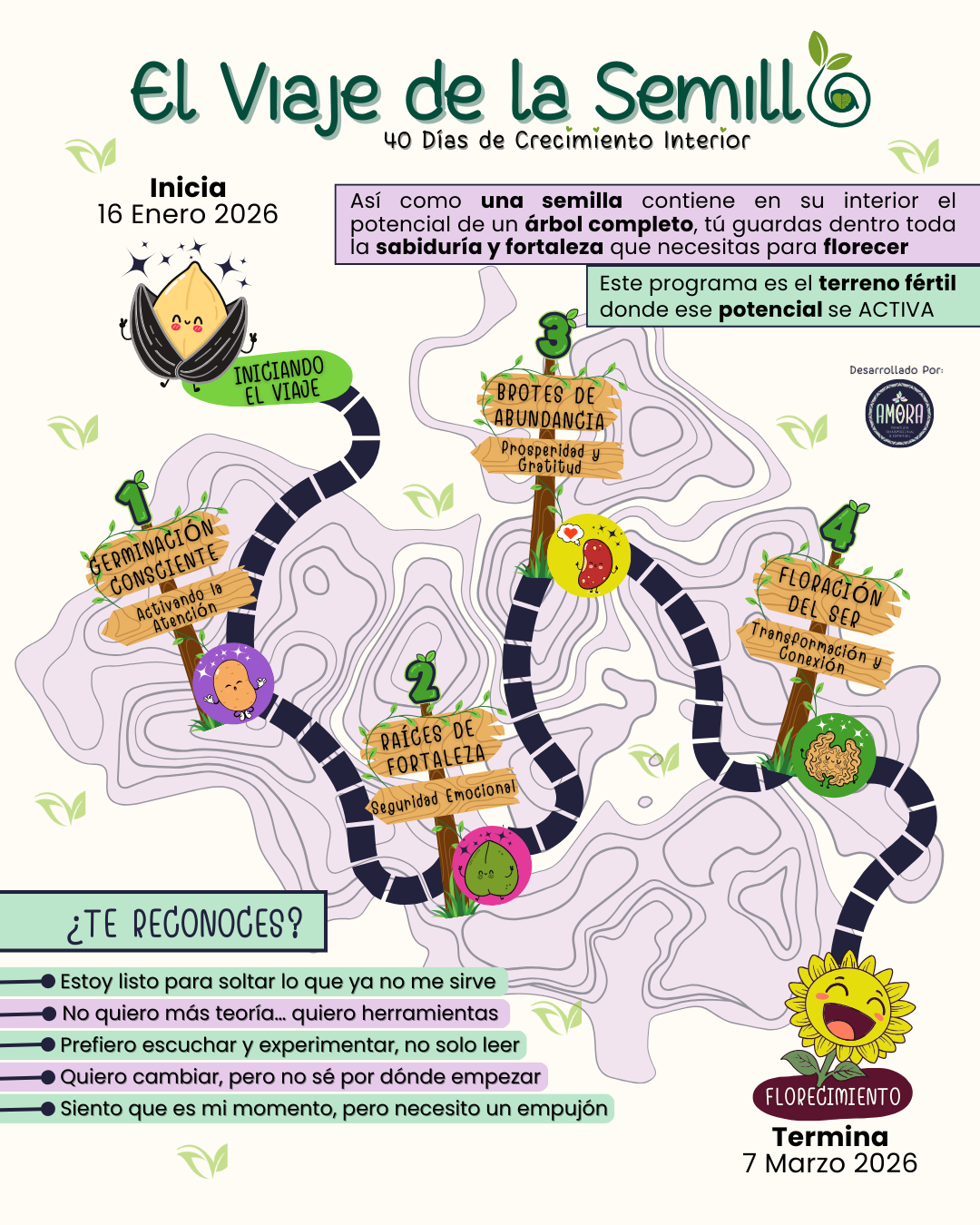 El Viaje de la Semilla - Programa premium de 40 días para transformación emocional profunda y crecimiento interior con Andrea Mora. Incluye kit físico y encuentros vivenciales.
